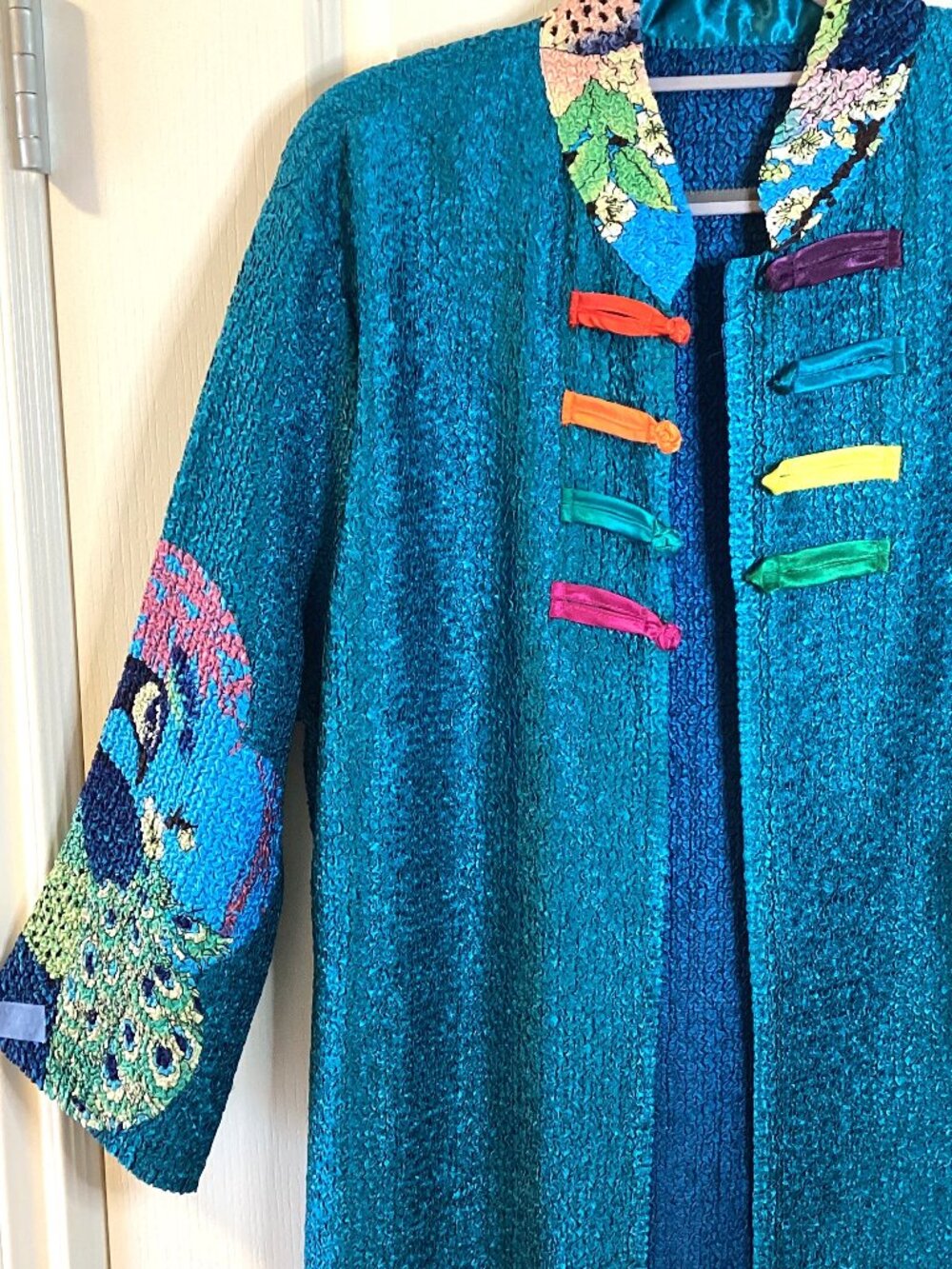 Vintage Woman's Knee-Length Oriental Textured Duster Coat Chinese Style Jacket - Picture 4 of 11